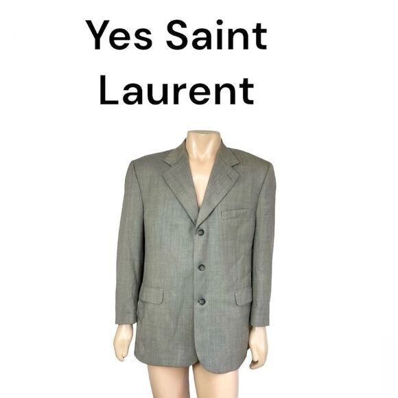 Yves Saint Laurent Vintage Gray Beige Wool 3 Button Front Blazer Coat Suit 54 - Picture 1 of 15